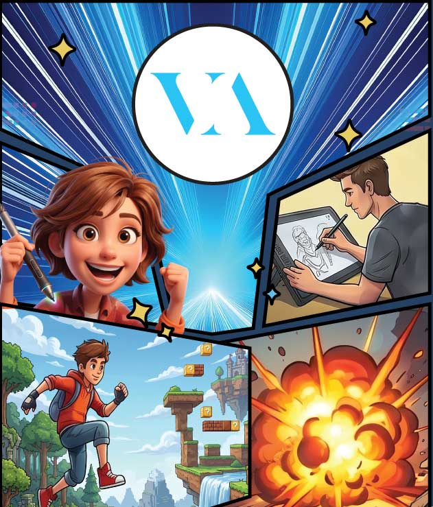 A digital image with multiple characters working in animation, visual effects, and video game designs.